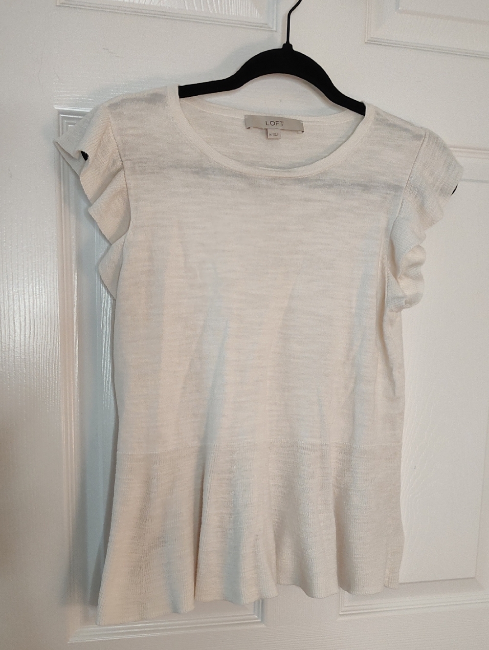 LOFT Cream Short Ruffle Sleeve Knit Top